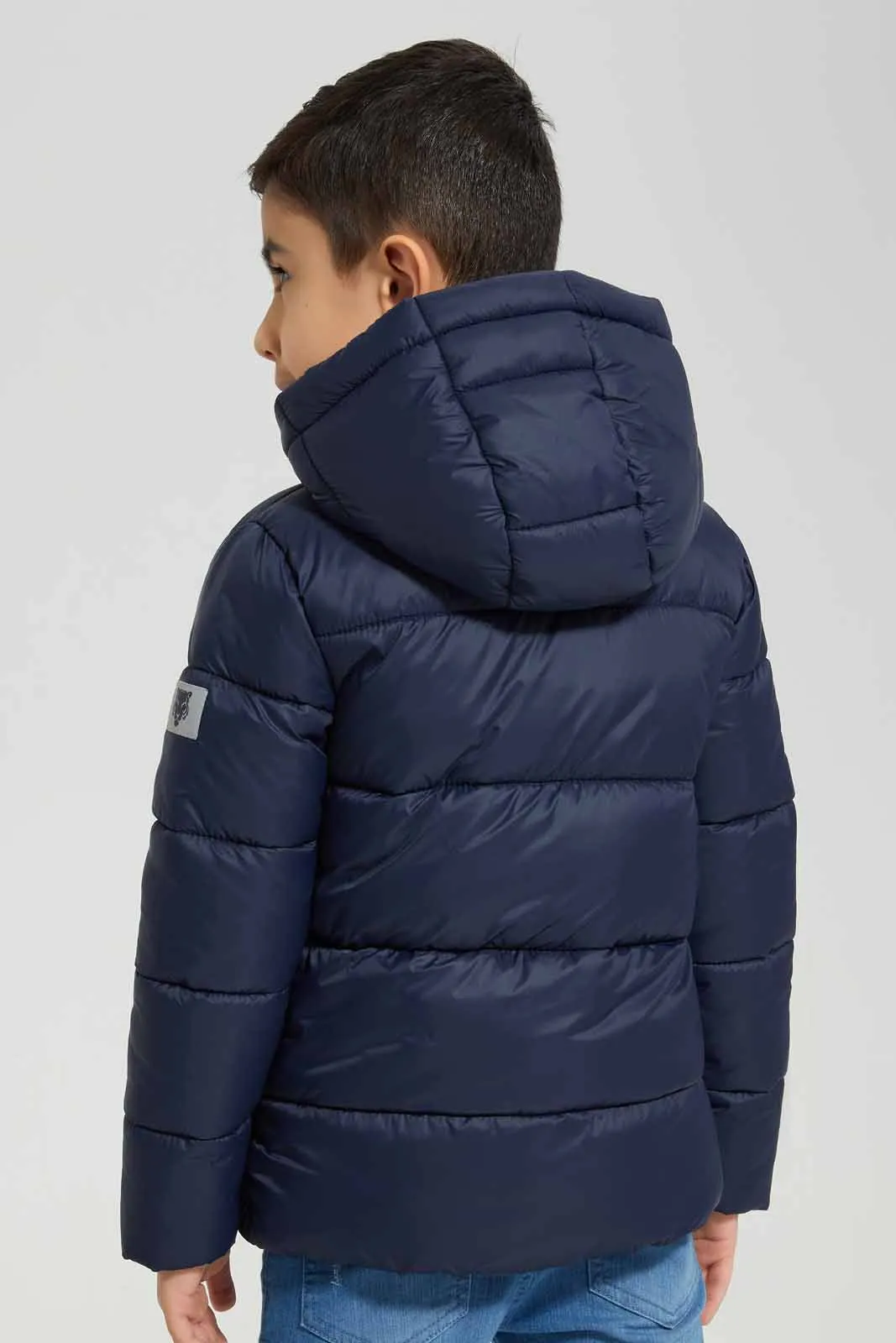 Navy Hooded Puffer Jacket For Boys