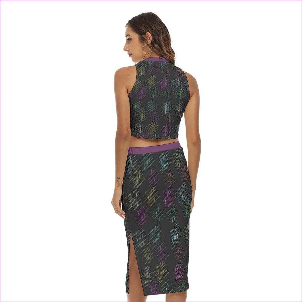 Neon Lines Womens Tank Top & Split High Skirt Set