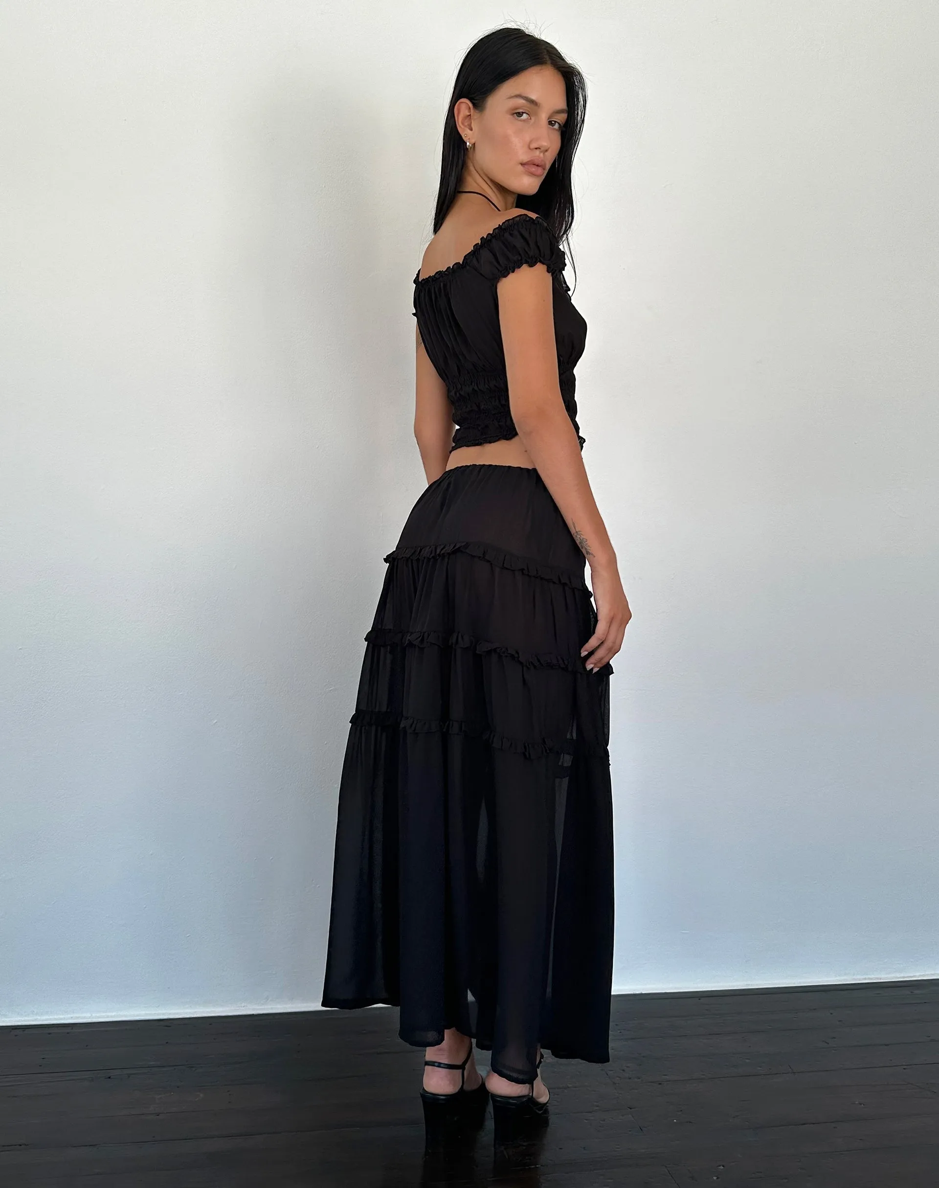 Norah Tiered Maxi Skirt in Black Chiffon