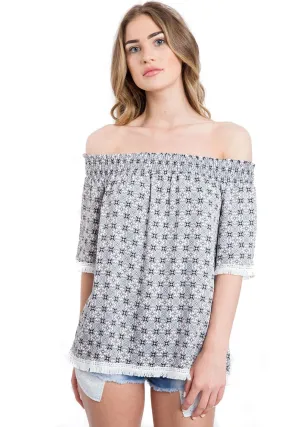 Off Shoulder Floral Print Fringed Top