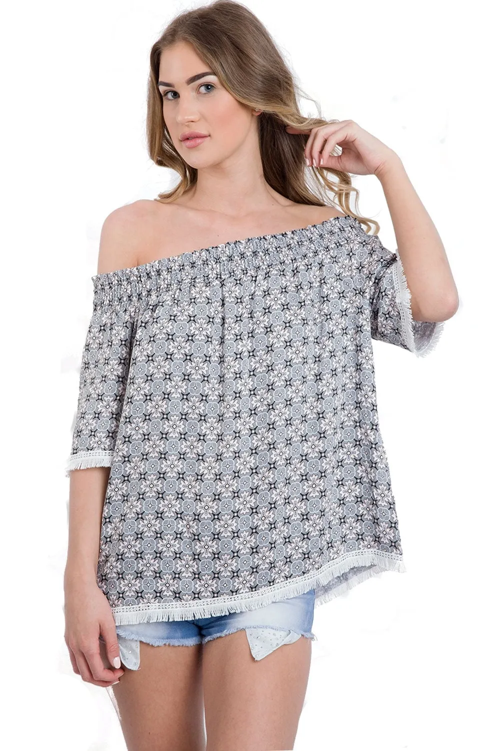 Off Shoulder Floral Print Fringed Top