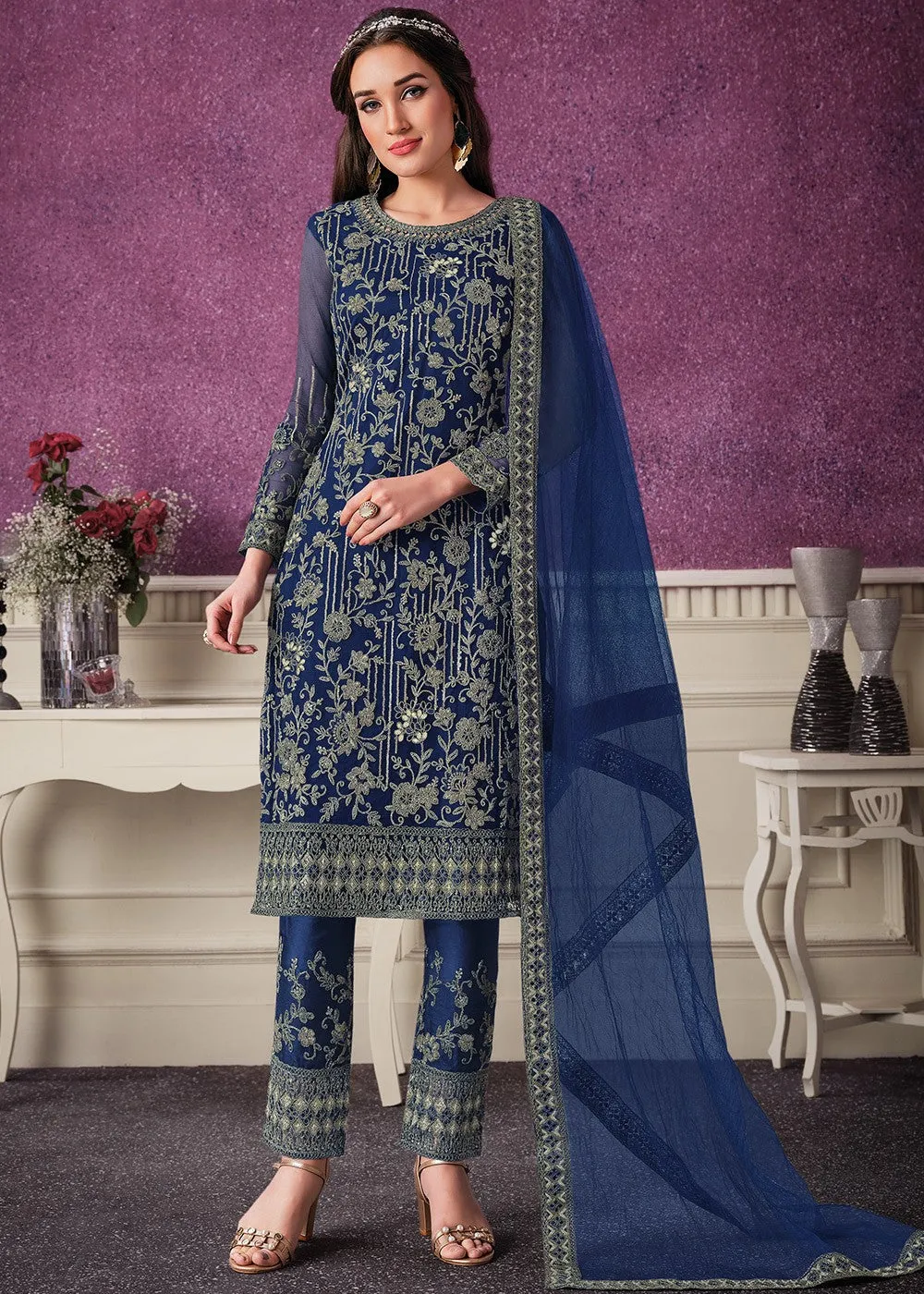 Pant Style Navy Blue Sequins Embroidered Designer Suit