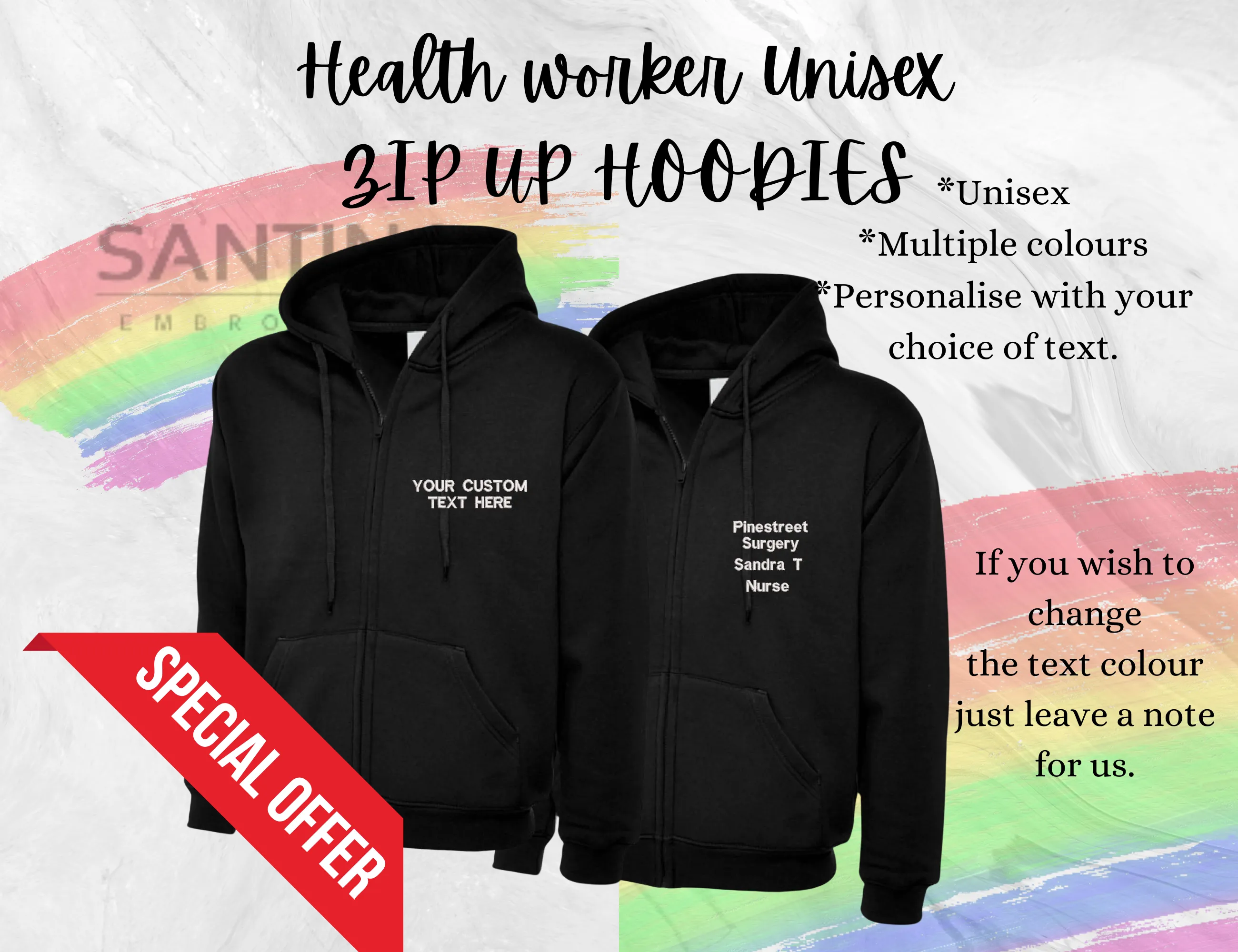 Personalised healthworker Zip Up UNISEX hoodie, customised with your name, location and department/role