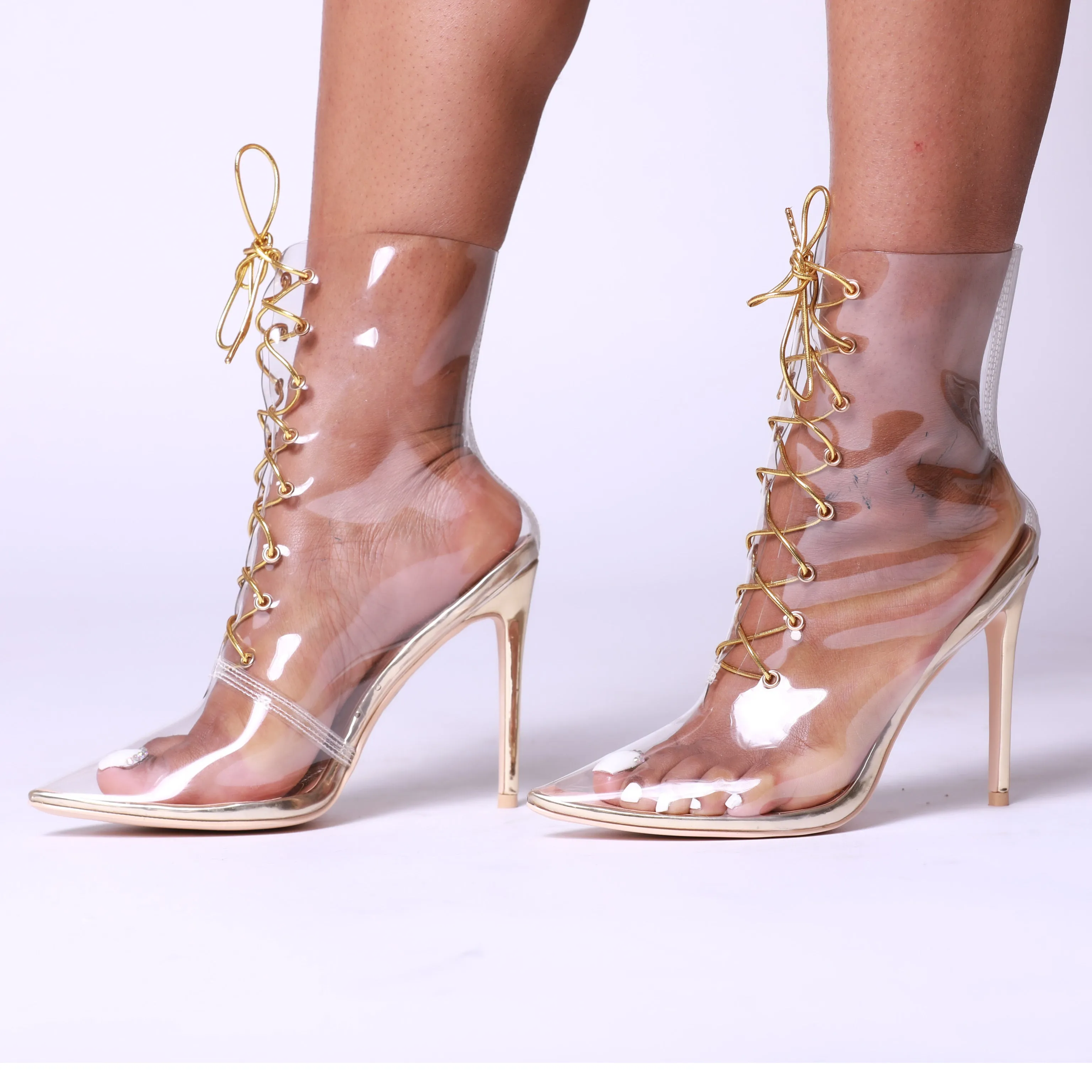 Perspex Clear Lace Up Stiletto Booties