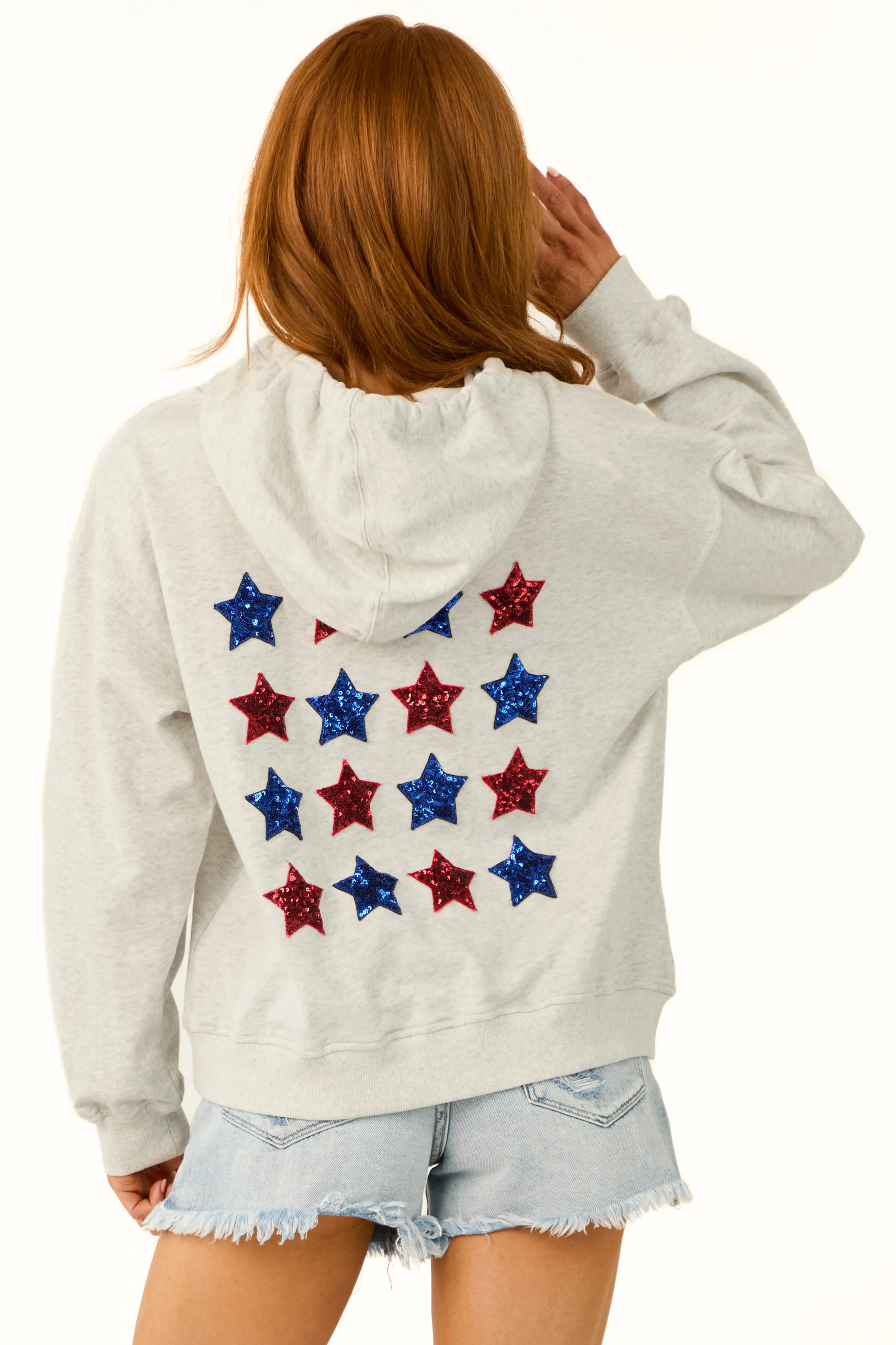 Pewter Grey Star Sequined Cinched Hoodie