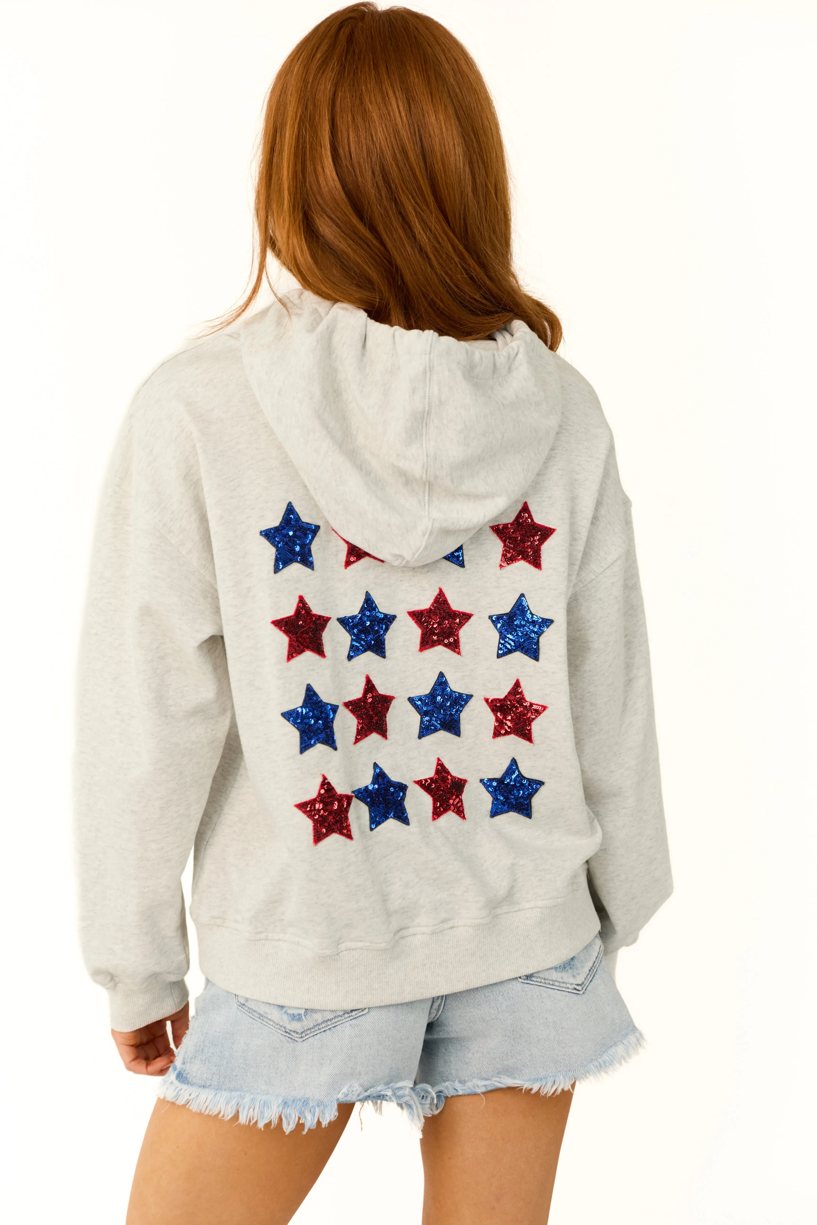 Pewter Grey Star Sequined Cinched Hoodie