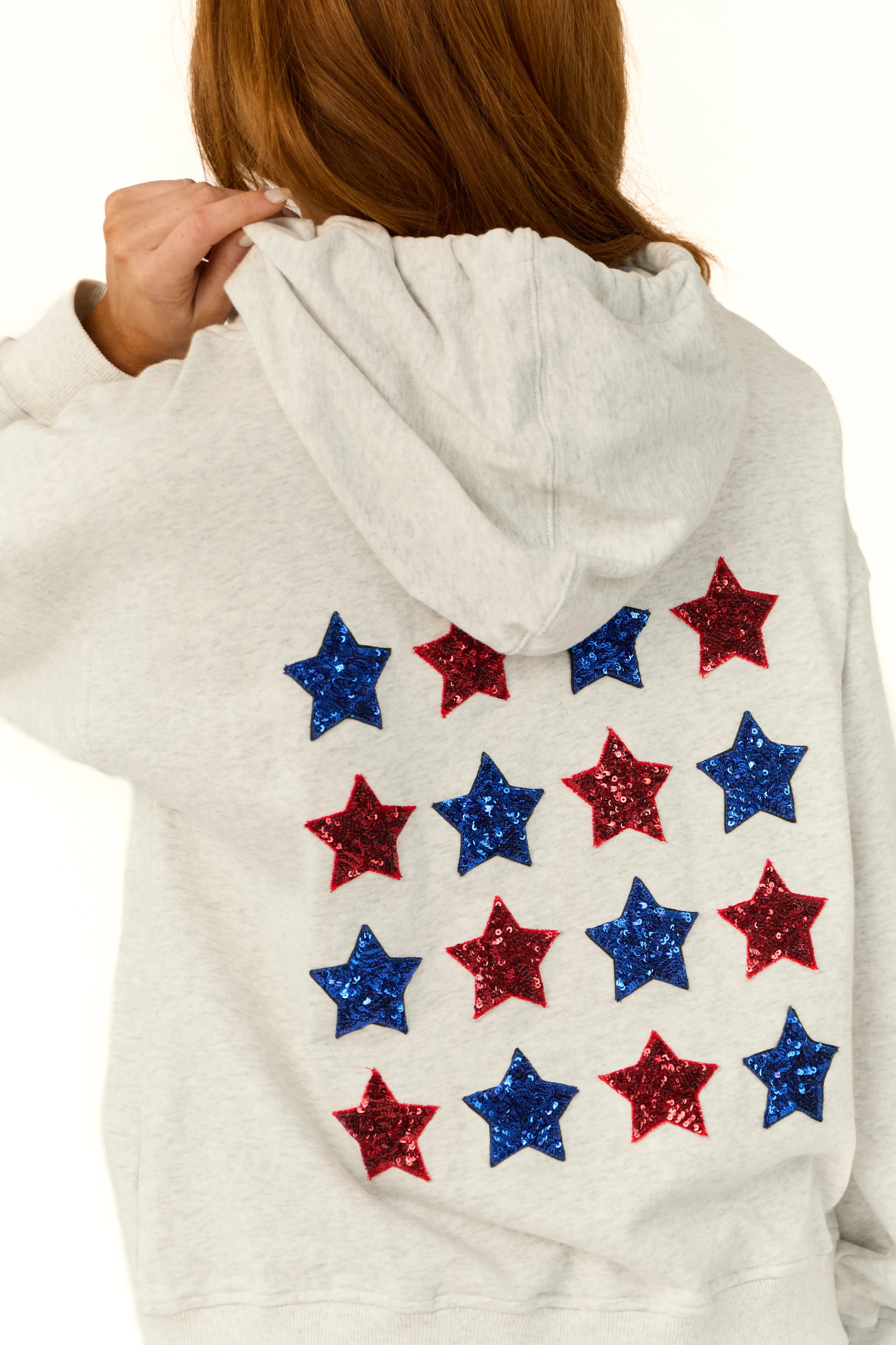 Pewter Grey Star Sequined Cinched Hoodie