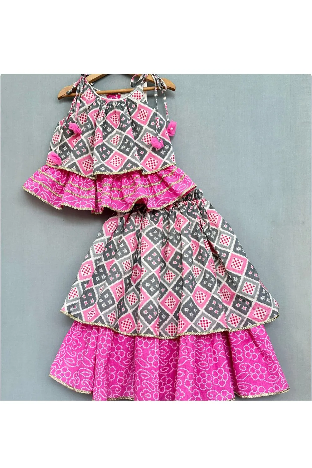 Pink Bandhani Check Printed Tie Up Strap Top Lehenga Set