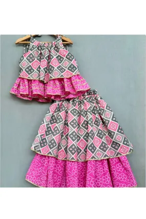 Pink Bandhani Check Printed Tie Up Strap Top Lehenga Set