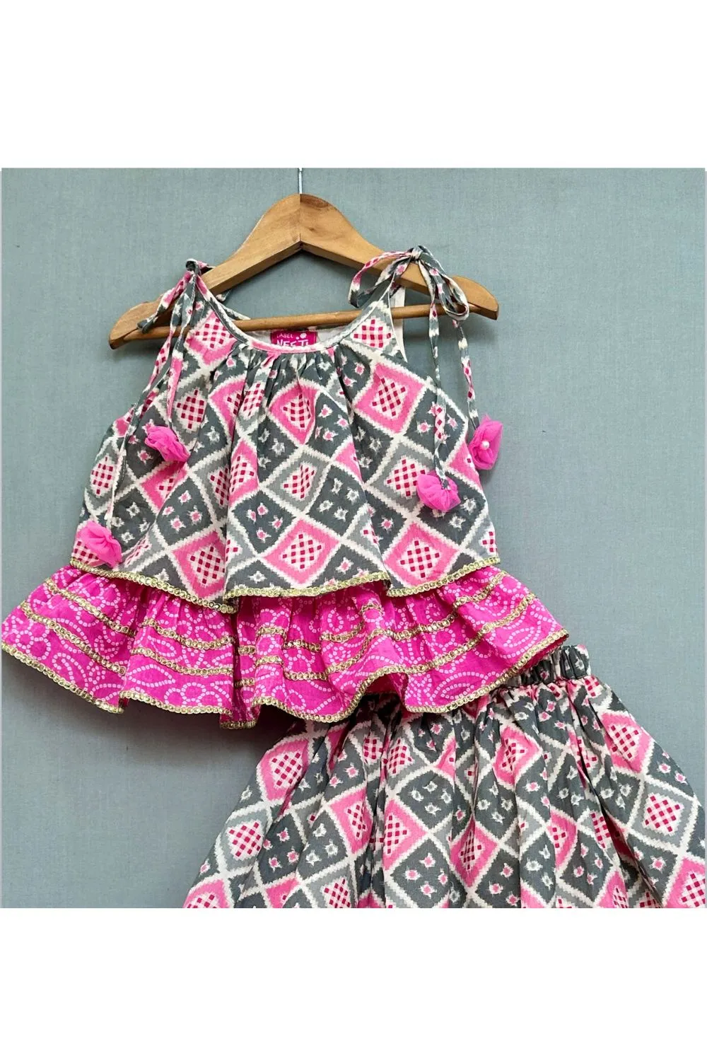 Pink Bandhani Check Printed Tie Up Strap Top Lehenga Set