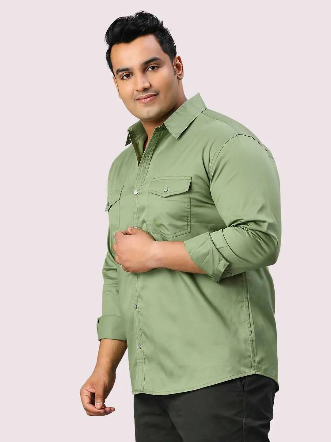 Pista Green Solid Pure Cotton Double Pocket Full Sleeve Shirt Men's Plus Size