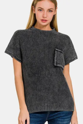 Pocketed Mock Neck Short Sleeve Sweater