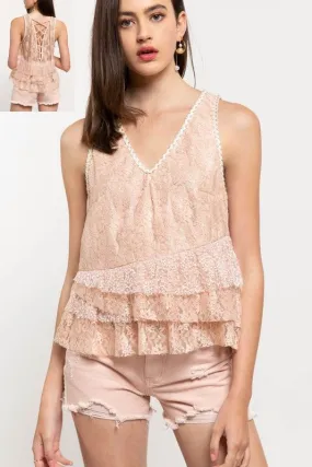 POL Tiered Lace Up Back Top - Blush