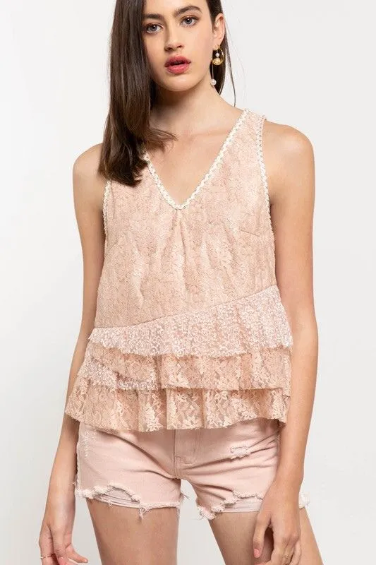 POL Tiered Lace Up Back Top - Blush