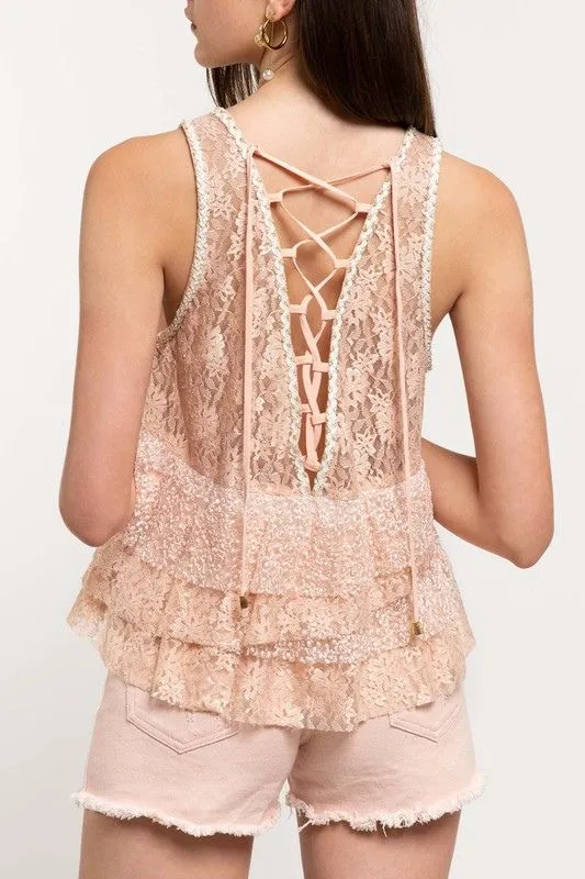 POL Tiered Lace Up Back Top - Blush