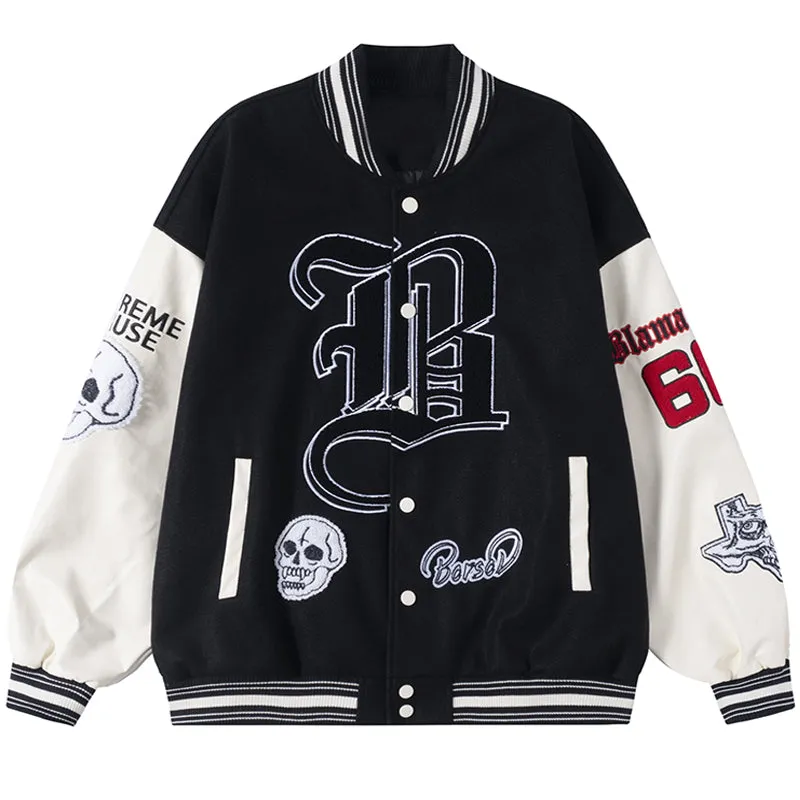 PopFlying Vintage Letterman Baseball Jacket Skull