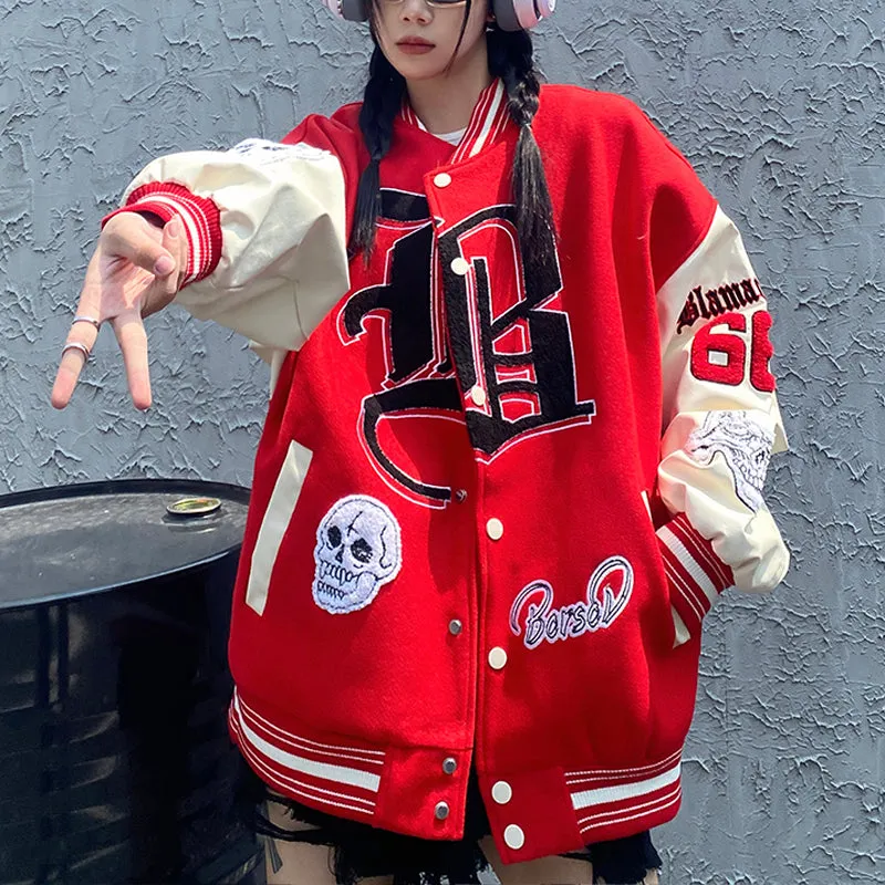 PopFlying Vintage Letterman Baseball Jacket Skull