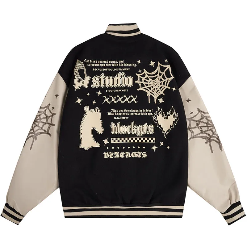 PopFlying Vintage Varsity Jacket Spider Web Print