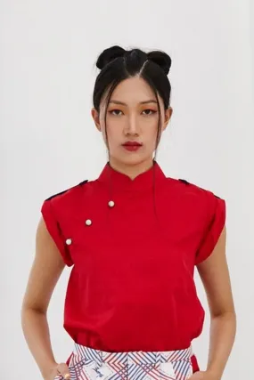 Pre-Order RED COTTON WITH BLUE COTTON SHOULDER FLAP - MANDARIN COLLAR TOP WITH SHOULDER FLAP - RED