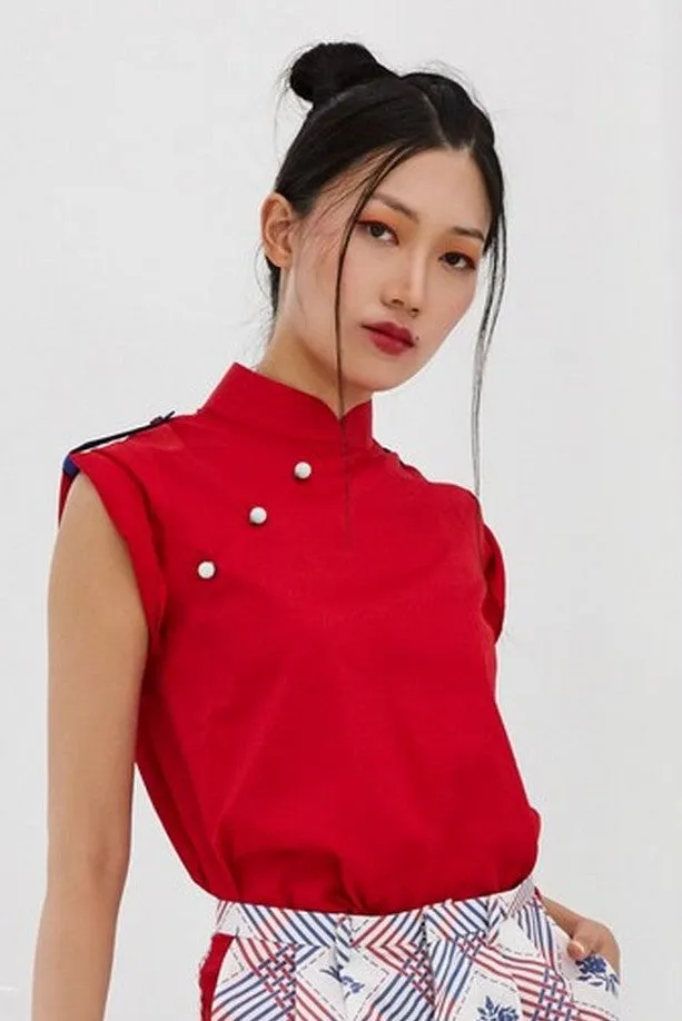 Pre-Order RED COTTON WITH BLUE COTTON SHOULDER FLAP - MANDARIN COLLAR TOP WITH SHOULDER FLAP - RED