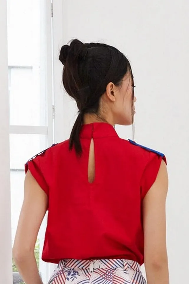 Pre-Order RED COTTON WITH BLUE COTTON SHOULDER FLAP - MANDARIN COLLAR TOP WITH SHOULDER FLAP - RED