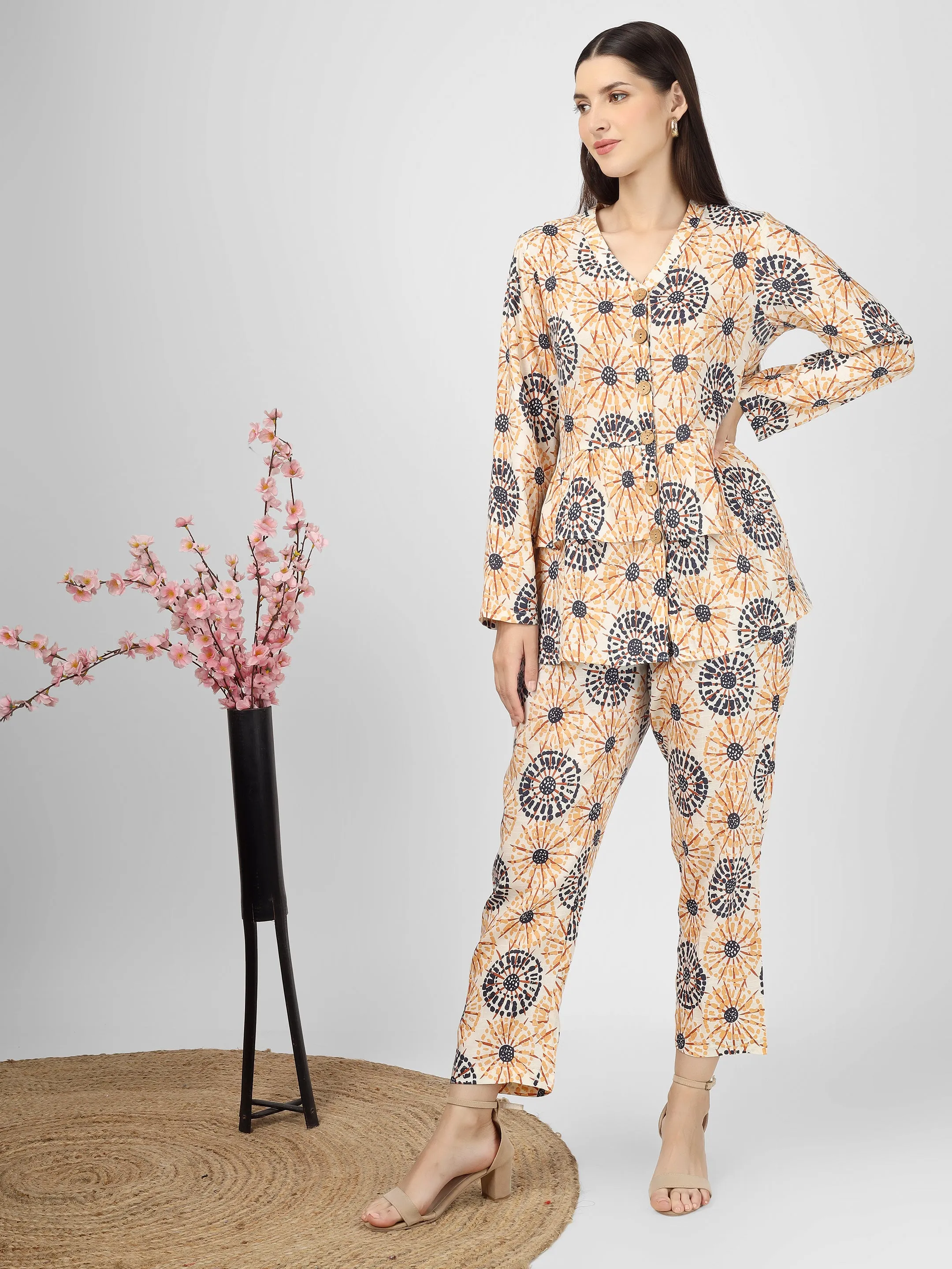 Printed Cotton Peach Color Co-Ord Top and Pant