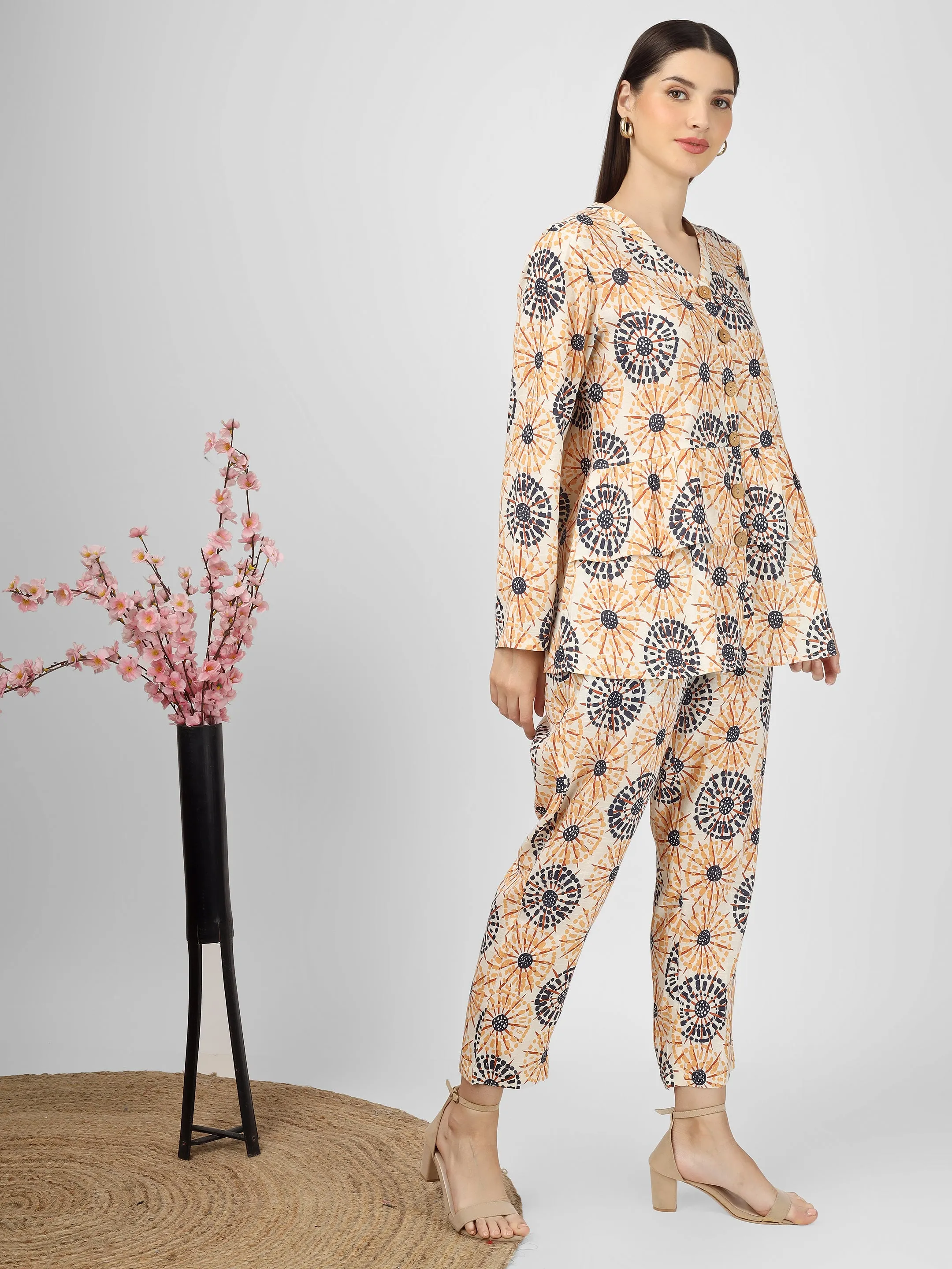 Printed Cotton Peach Color Co-Ord Top and Pant