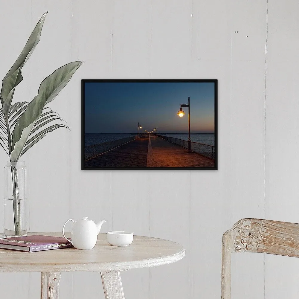 "Boardwalk pier at night" Black Float Frame Canvas Art