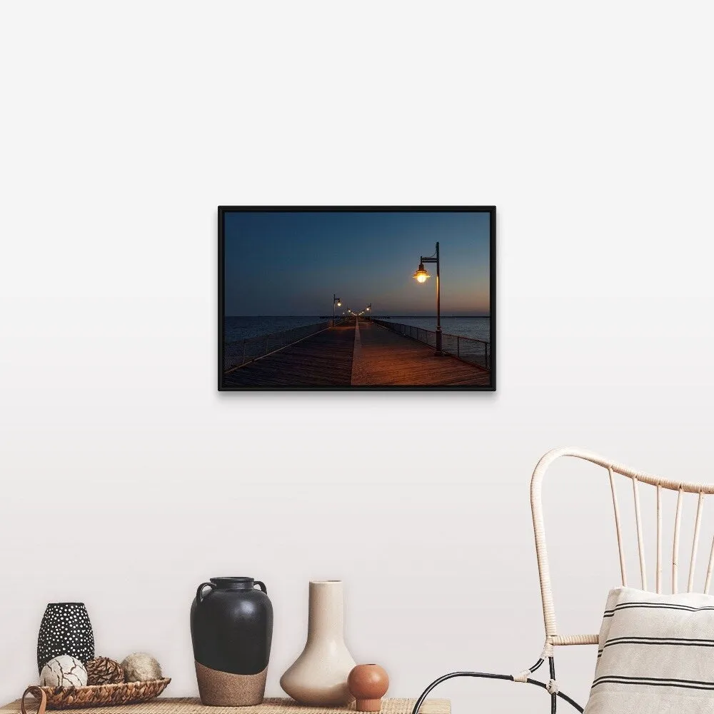 "Boardwalk pier at night" Black Float Frame Canvas Art