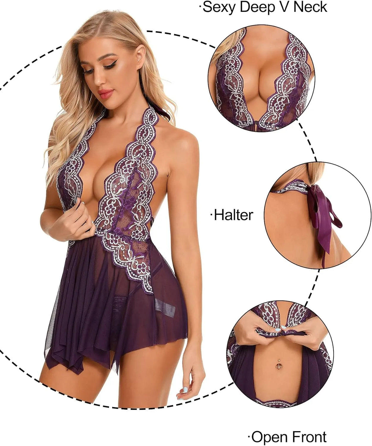 "RSLOVE Women's Purple Lace Babydoll Lingerie - Seductive Chemise & Bridal Nightdress for Unforgettable Nights"