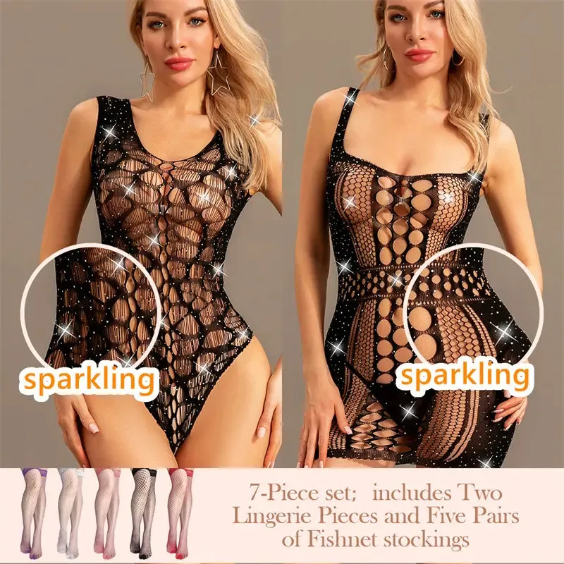 "Sparkling Rhinestone Fishnet Teddy Dress - Seductive Babydoll Mini Dress"