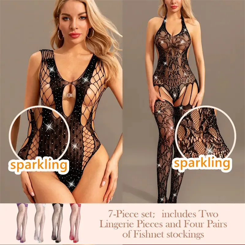 "Sparkling Rhinestone Fishnet Teddy Dress - Seductive Babydoll Mini Dress"