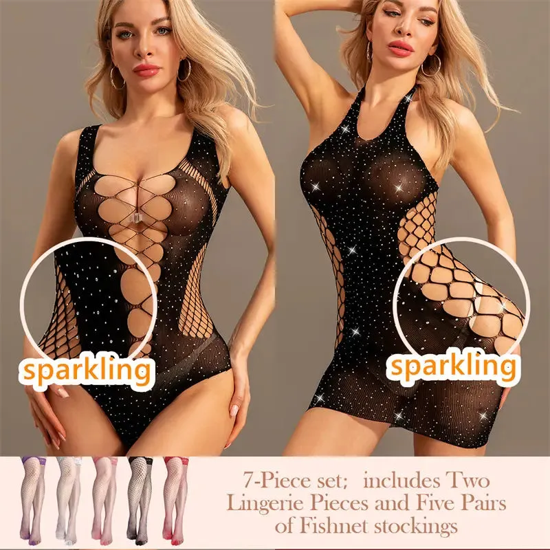 "Sparkling Rhinestone Fishnet Teddy Dress - Seductive Babydoll Mini Dress"