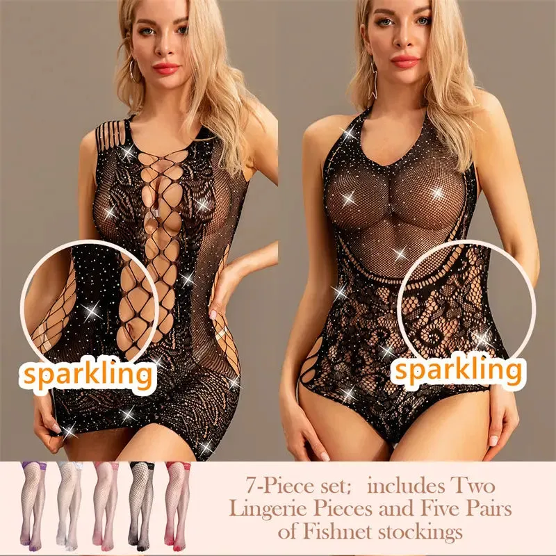 "Sparkling Rhinestone Fishnet Teddy Dress - Seductive Babydoll Mini Dress"