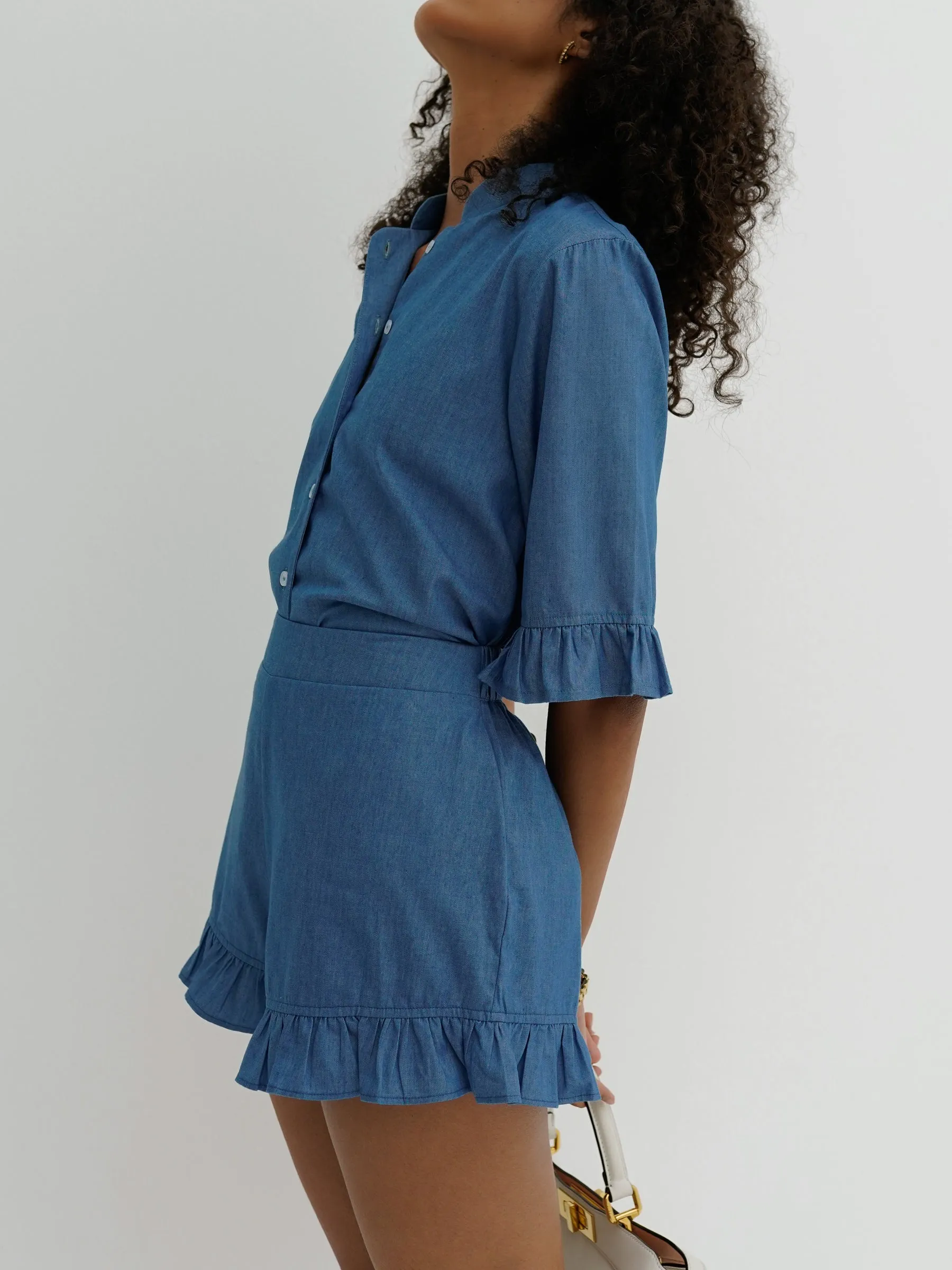 Riviera Chambray Frill Sleeve Shirt | Chalk Blue