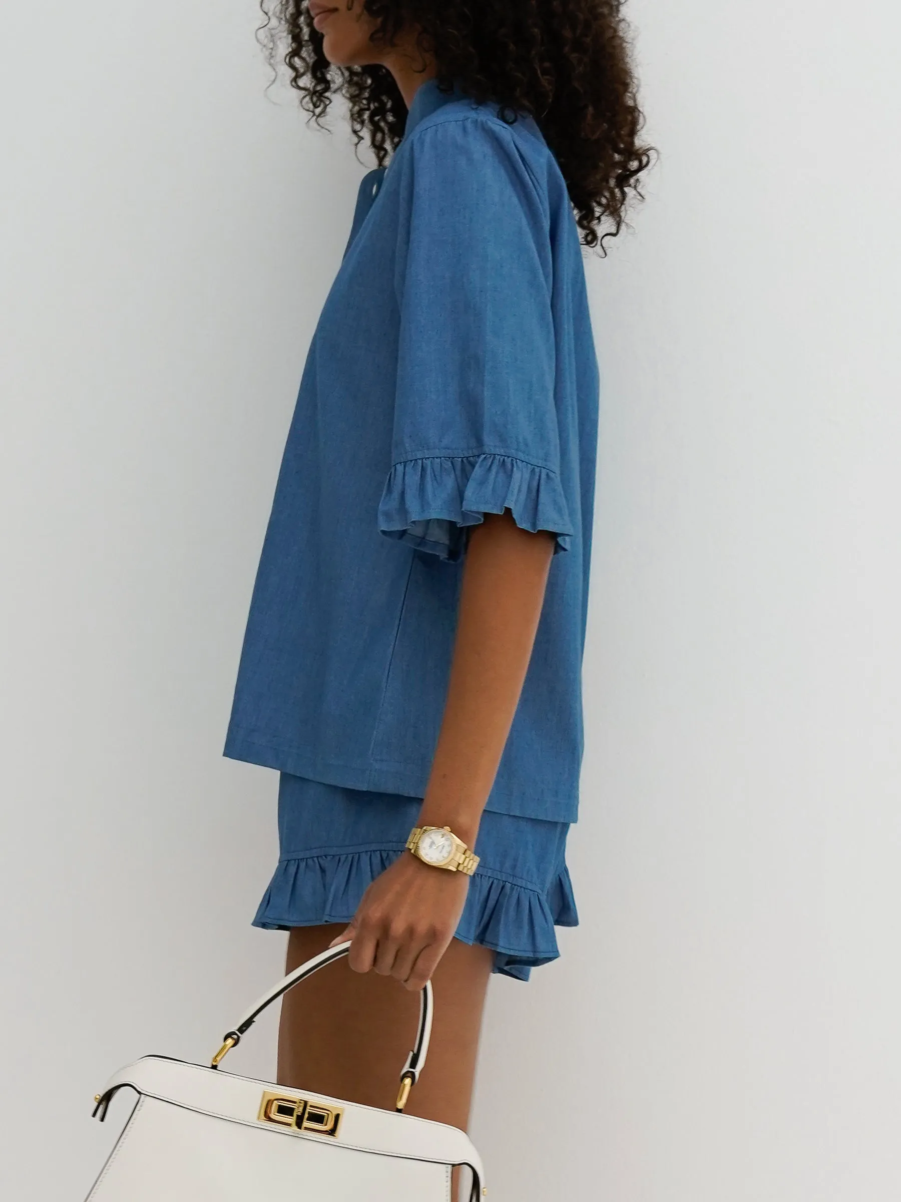 Riviera Chambray Frill Sleeve Shirt | Chalk Blue