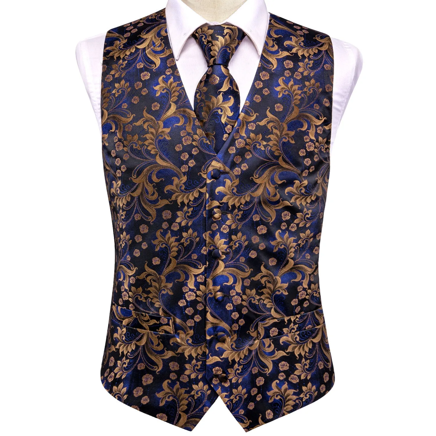 Royal Blue Floral Jacquard Silk Men's Vest Hanky Cufflinks Tie Set