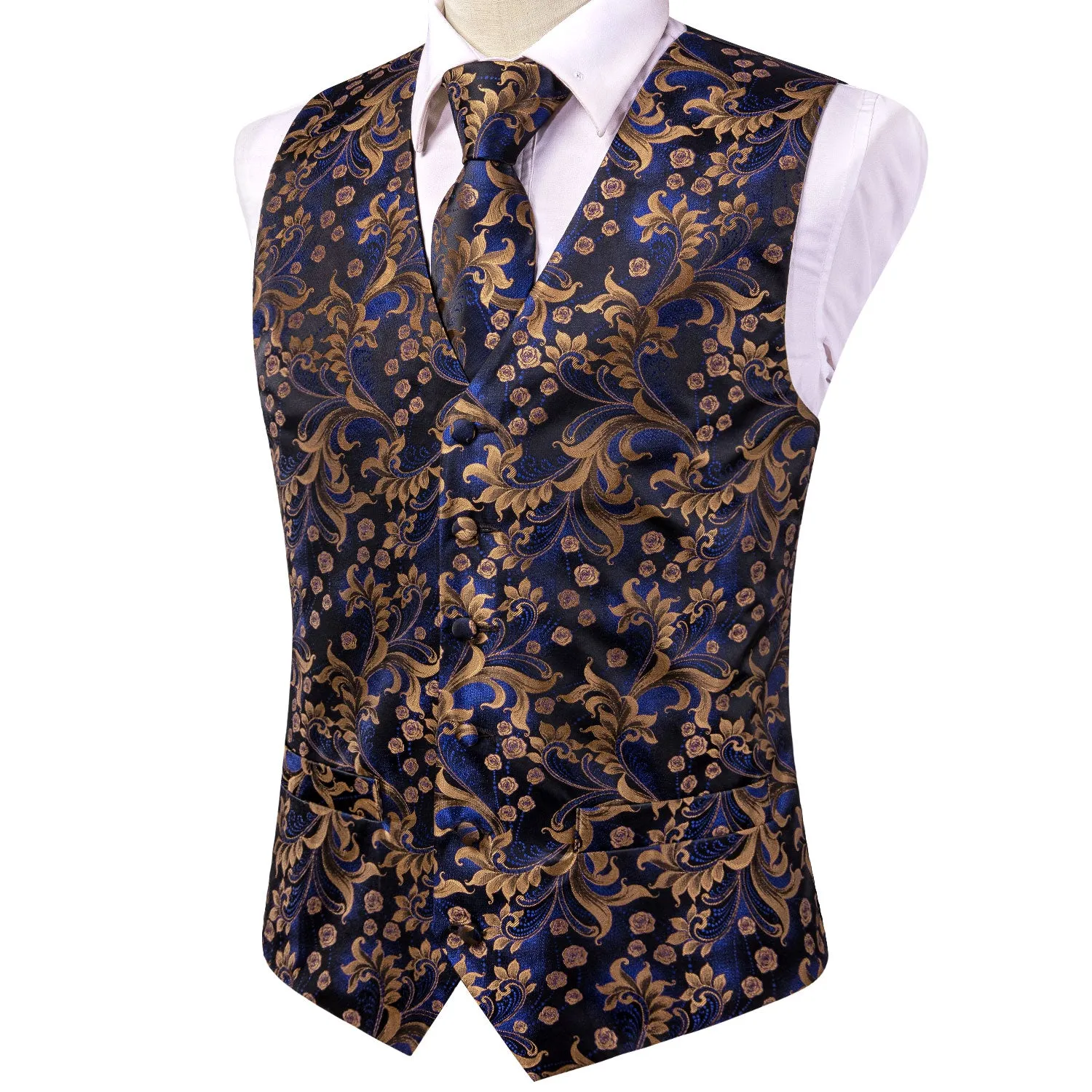 Royal Blue Floral Jacquard Silk Men's Vest Hanky Cufflinks Tie Set