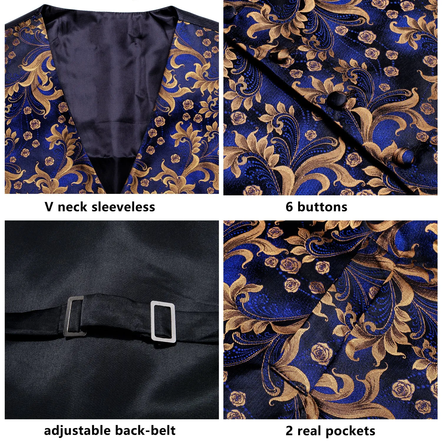 Royal Blue Floral Jacquard Silk Men's Vest Hanky Cufflinks Tie Set