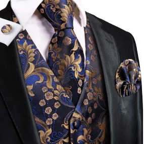 Royal Blue Floral Jacquard Silk Men's Vest Hanky Cufflinks Tie Set