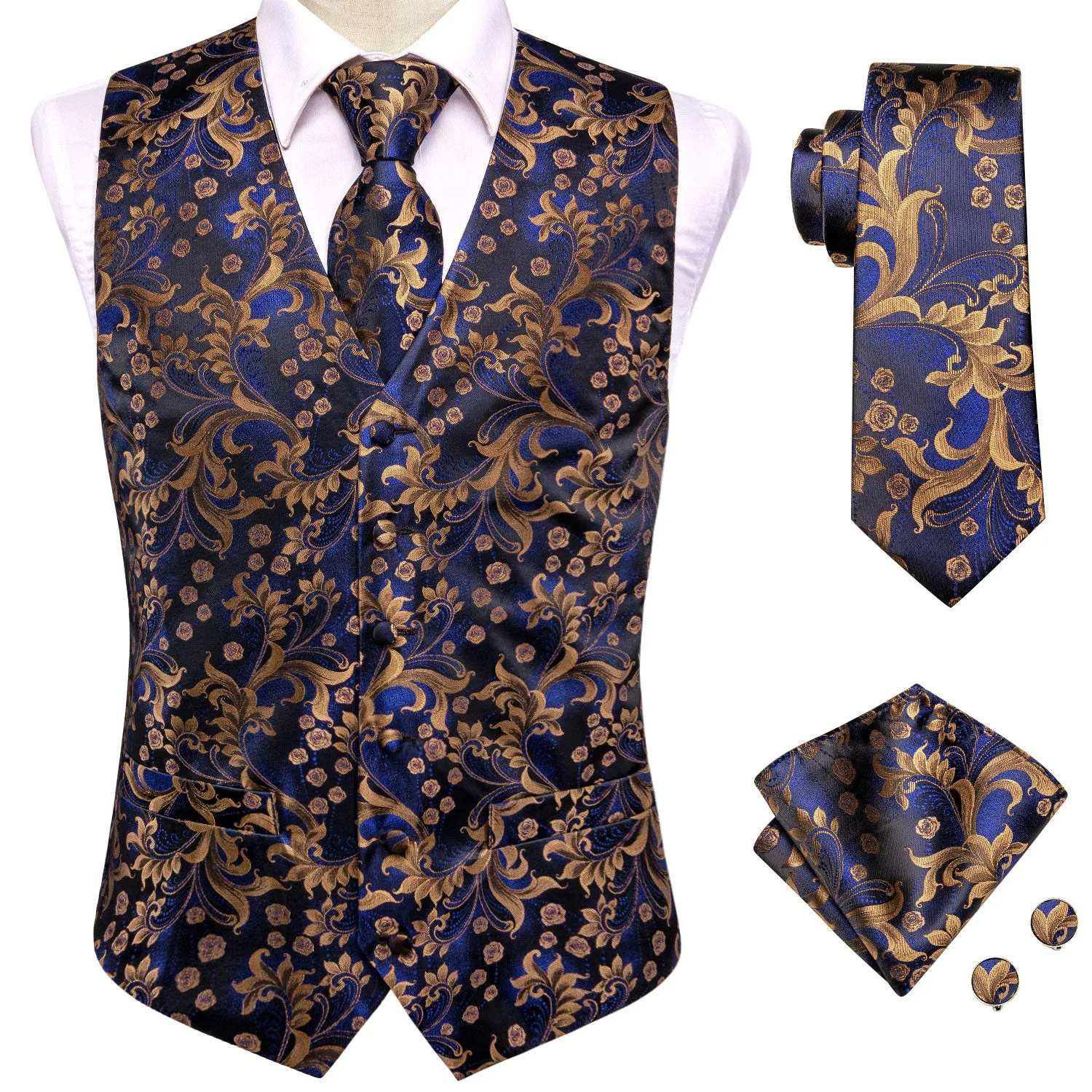 Royal Blue Floral Jacquard Silk Men's Vest Hanky Cufflinks Tie Set