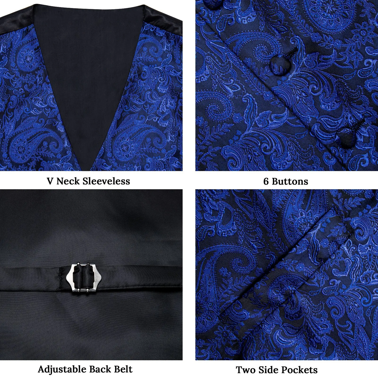 Royal Blue Paisley Silk Men's Vest Hanky Cufflinks Tie Set