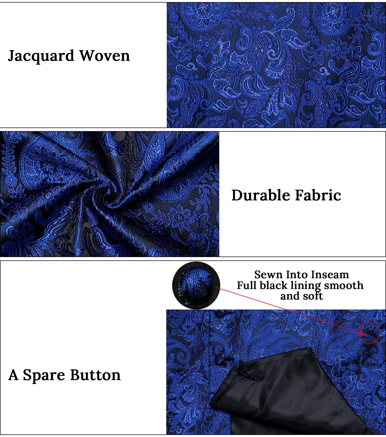 Royal Blue Paisley Silk Men's Vest Hanky Cufflinks Tie Set