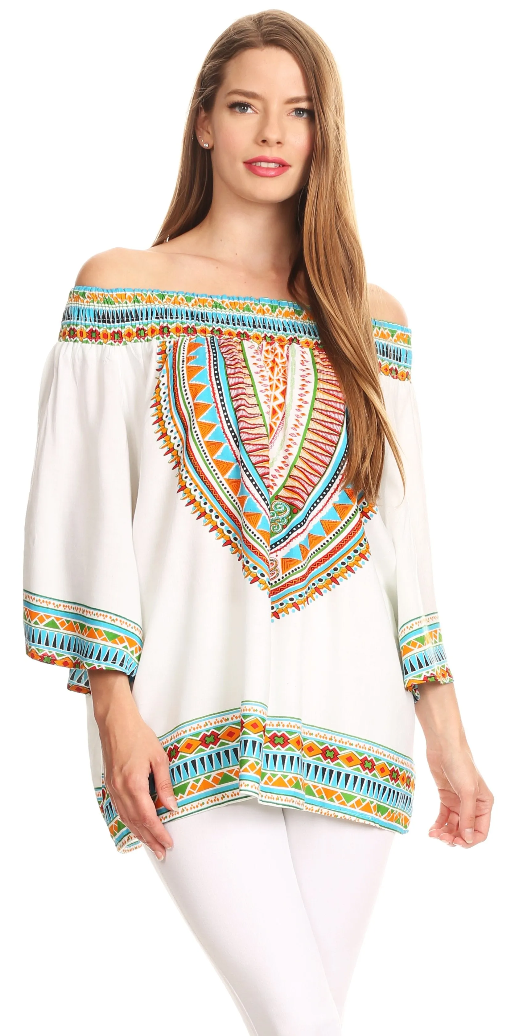 Sakkas Abelia Tribal Print Off-shoulder  3/4 Sleeve Top Blouse