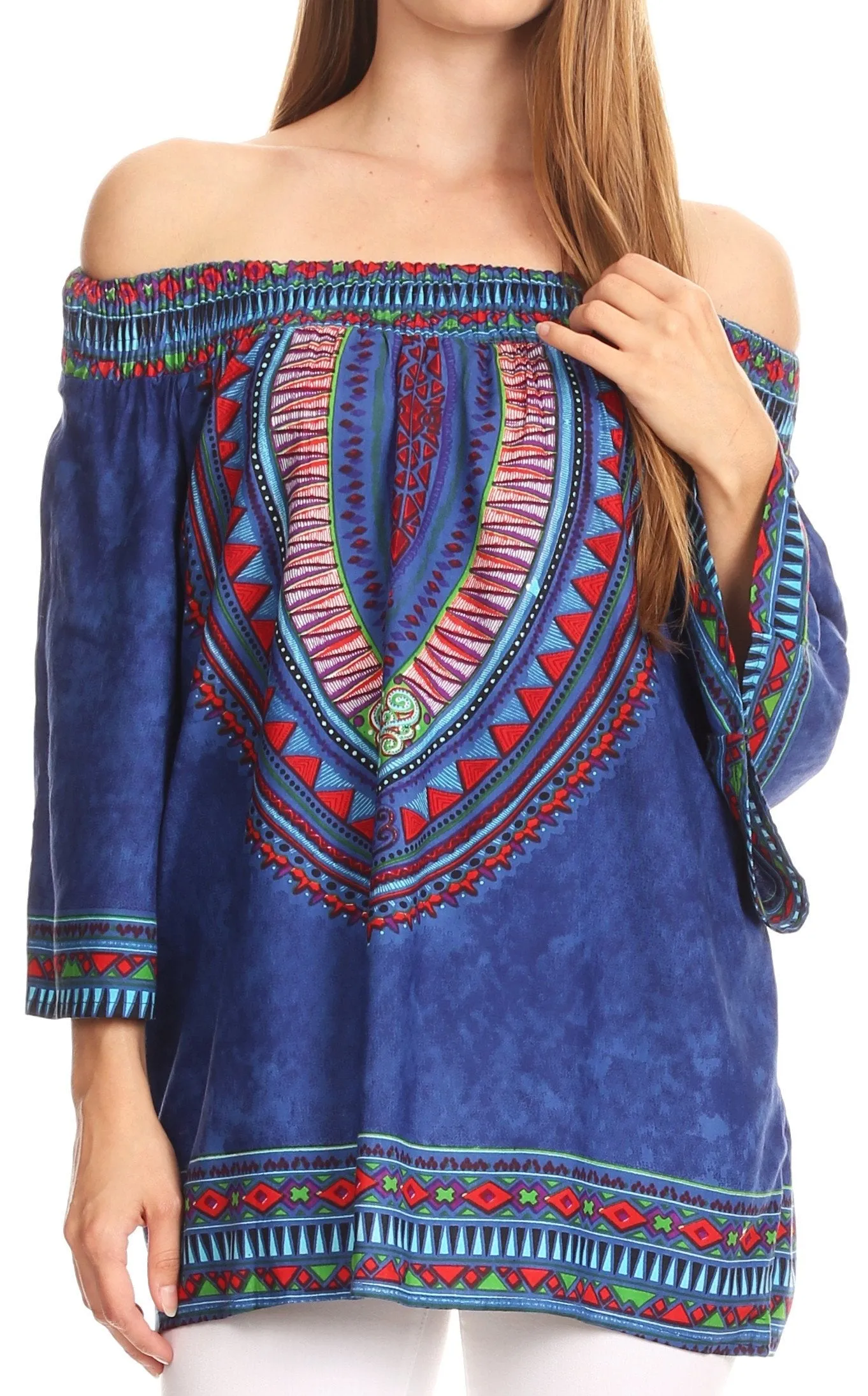 Sakkas Abelia Tribal Print Off-shoulder  3/4 Sleeve Top Blouse