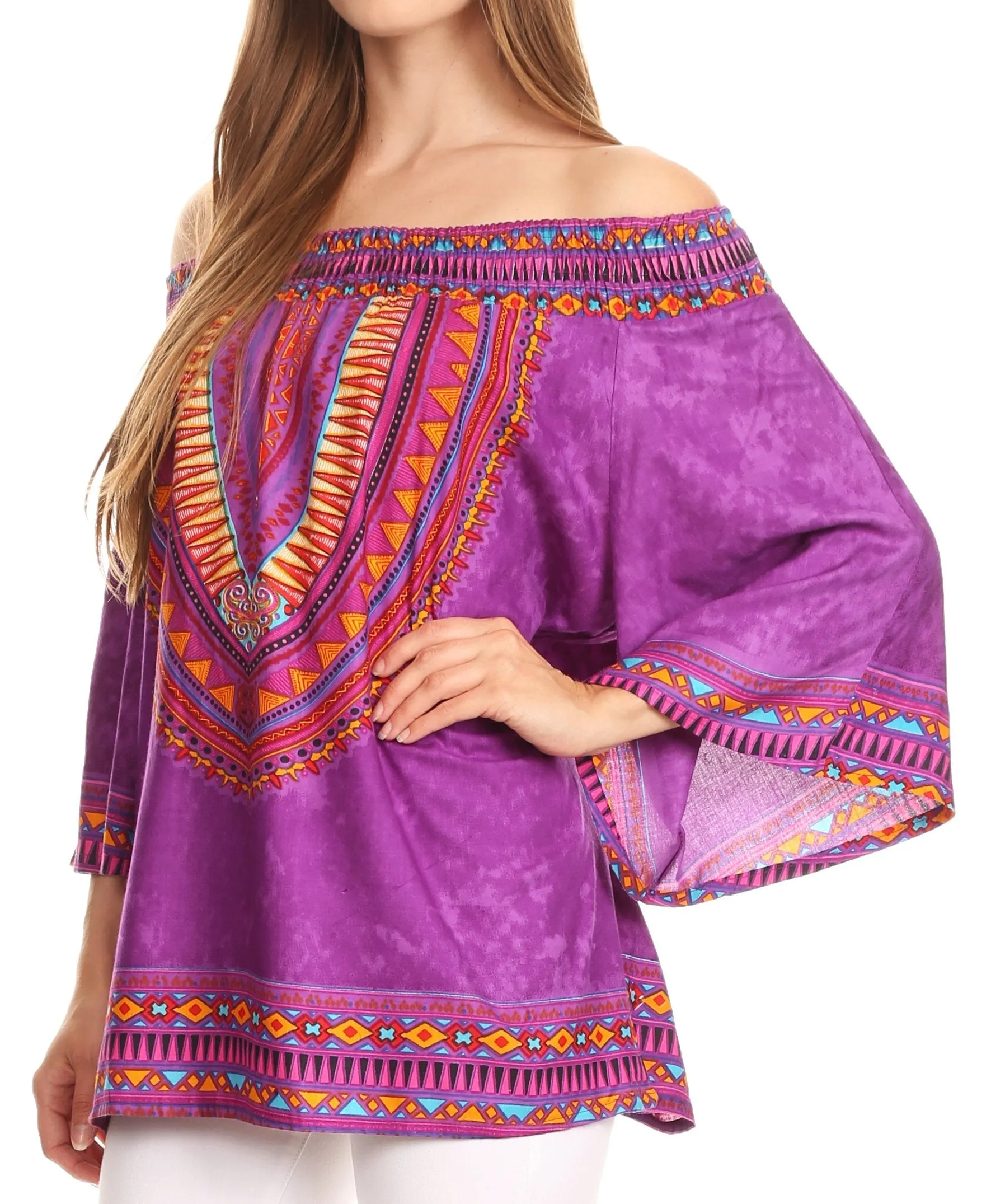 Sakkas Abelia Tribal Print Off-shoulder  3/4 Sleeve Top Blouse