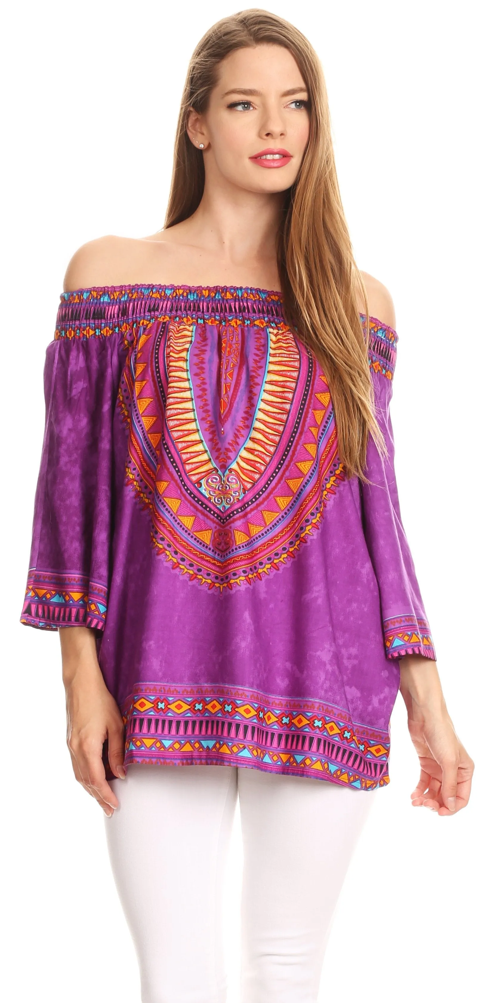 Sakkas Abelia Tribal Print Off-shoulder  3/4 Sleeve Top Blouse