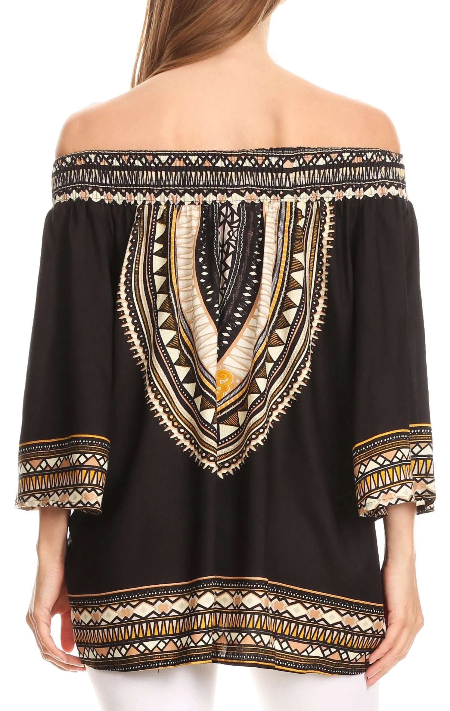 Sakkas Abelia Tribal Print Off-shoulder  3/4 Sleeve Top Blouse