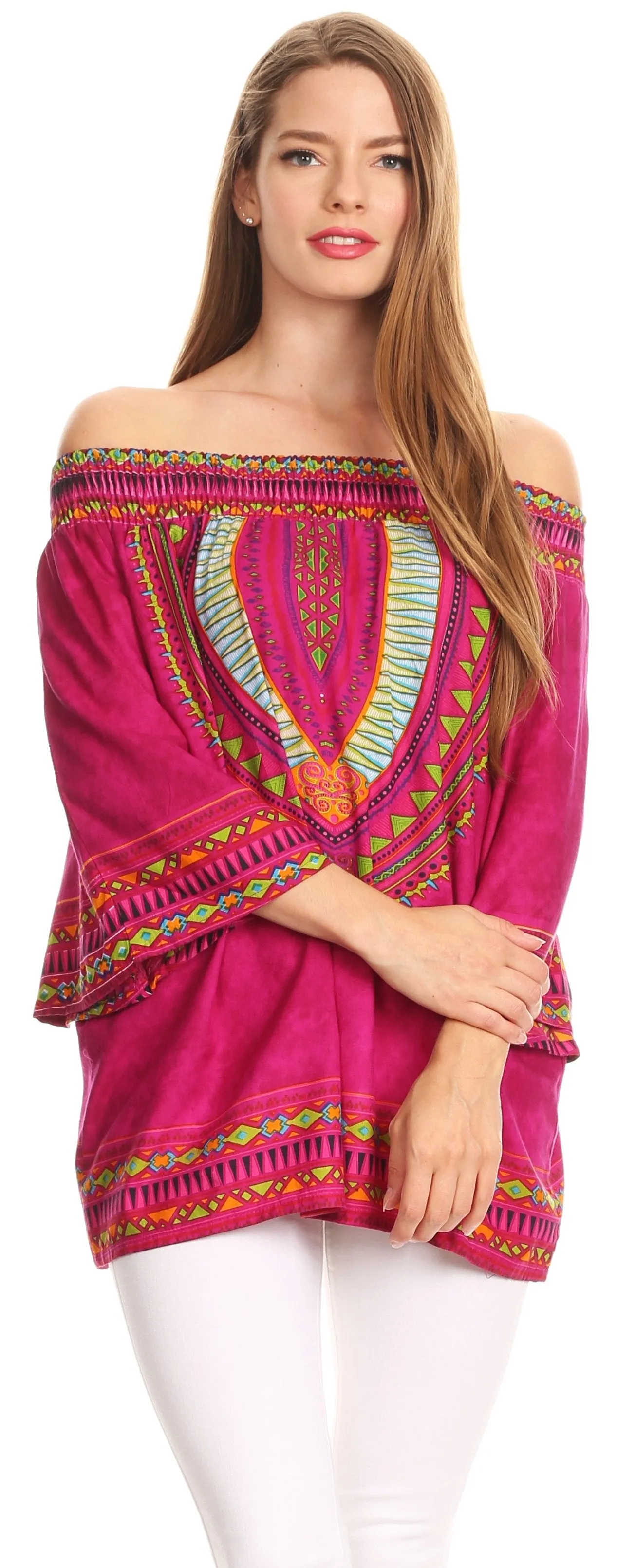 Sakkas Abelia Tribal Print Off-shoulder  3/4 Sleeve Top Blouse