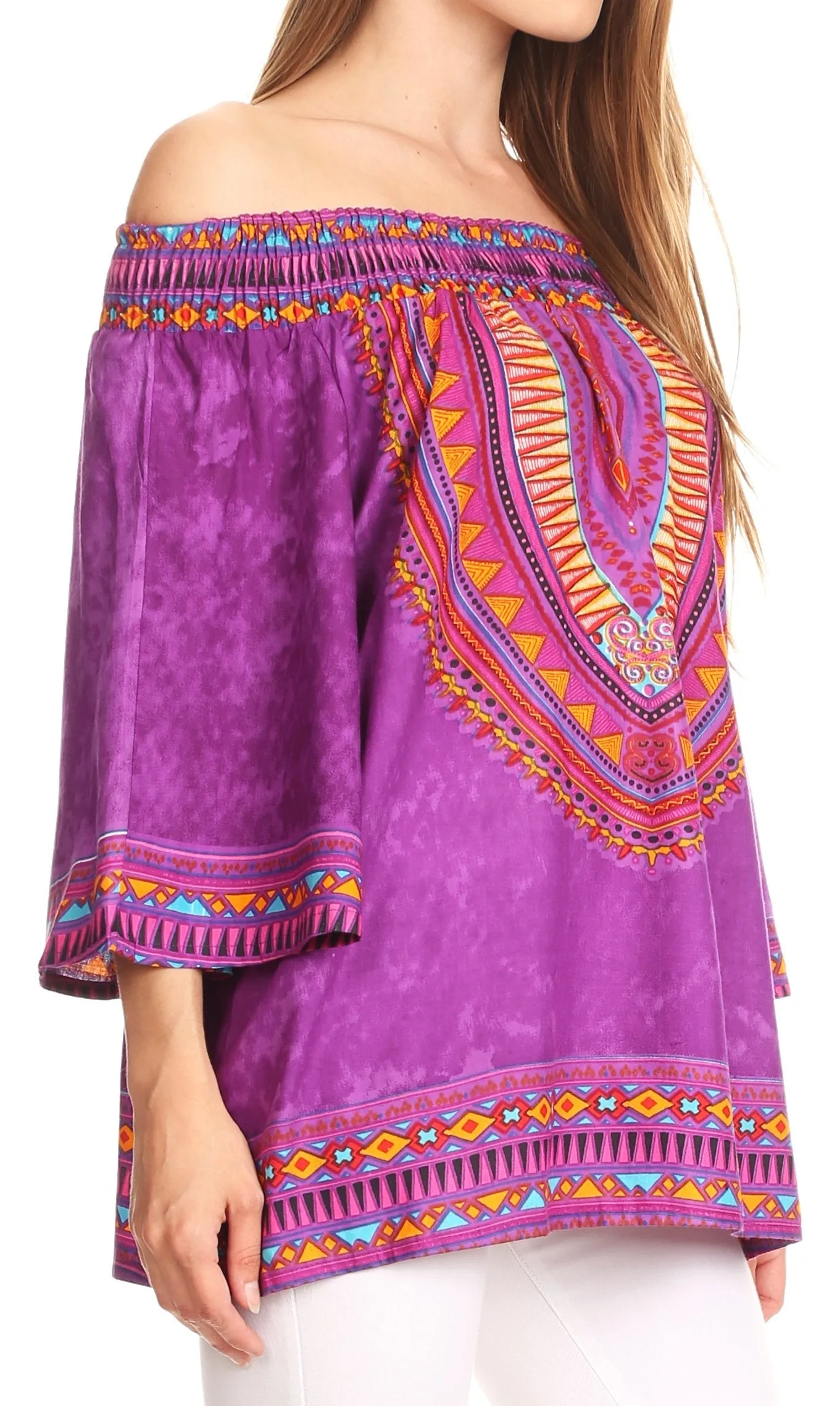 Sakkas Abelia Tribal Print Off-shoulder  3/4 Sleeve Top Blouse